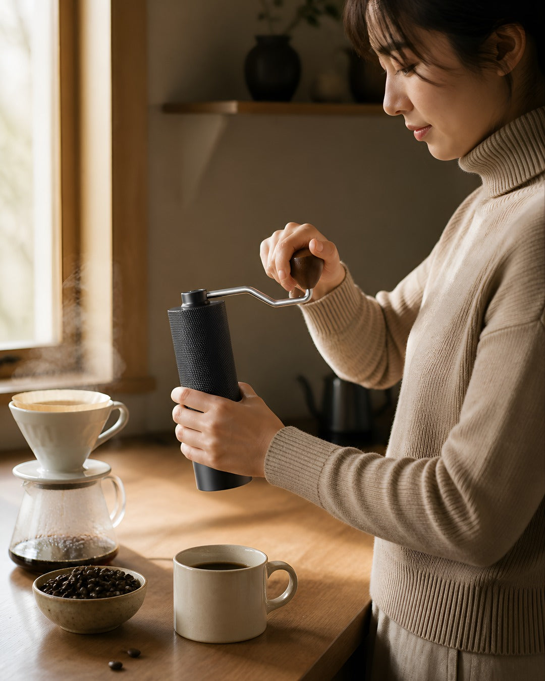 Manual coffee grinder for a slow home coffee ritual