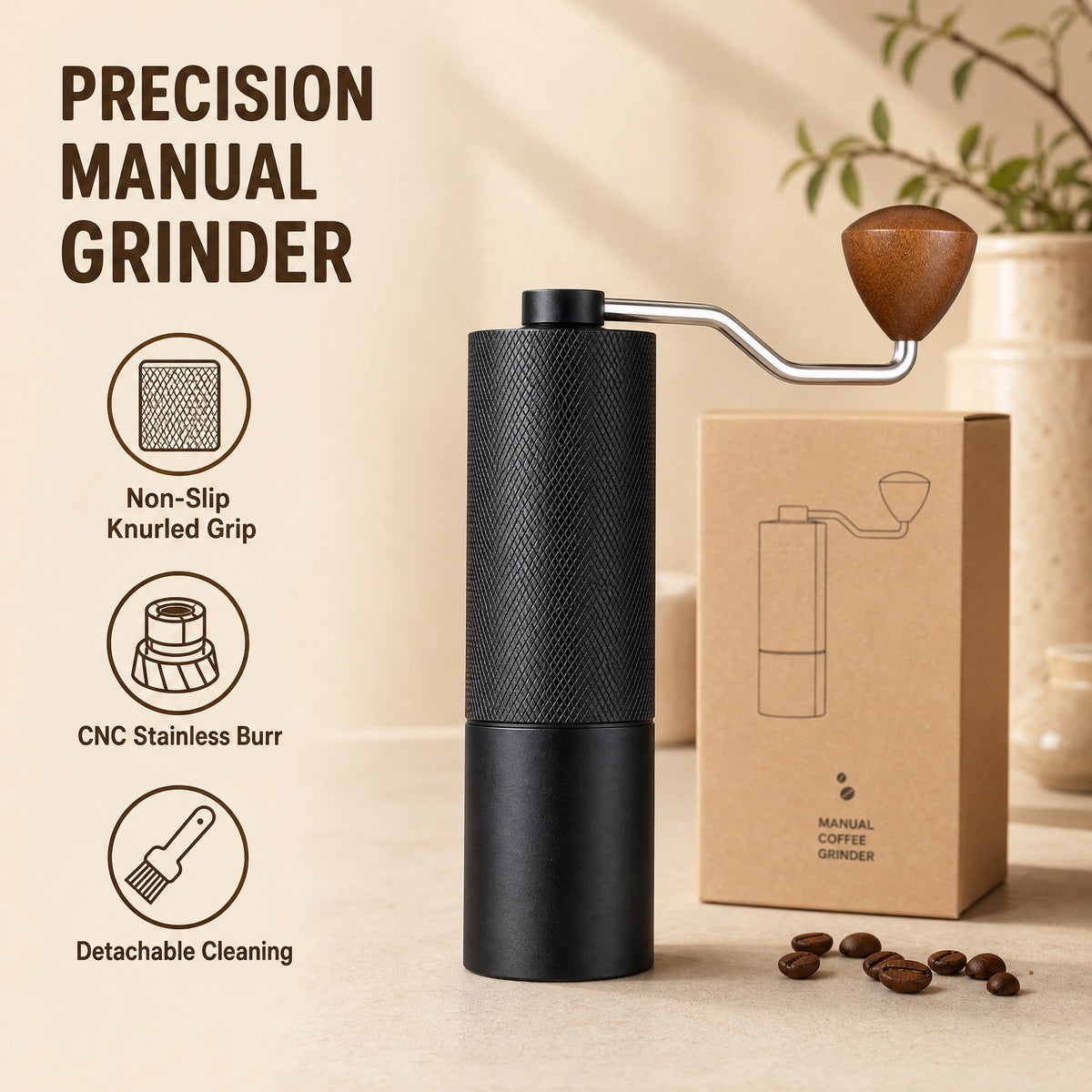 Slow Mill Manual Coffee Grinder Pro with kraft gift box and coffee beans on a light background