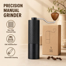 Slow Mill Manual Coffee Grinder Pro with kraft gift box and coffee beans on a light background