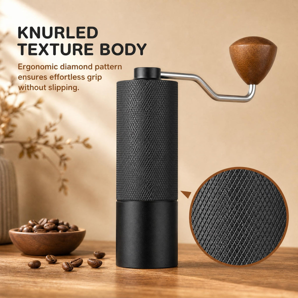Slow Mill Manual Coffee Grinder Pro with coffee beans and burr texture close-up