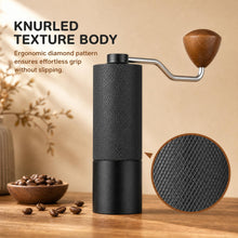 Slow Mill Manual Coffee Grinder Pro with coffee beans and burr texture close-up