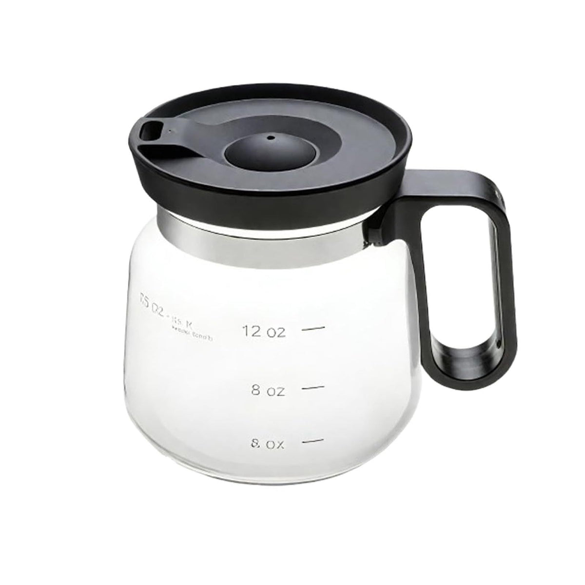 Slow Mill 16 oz glass coffee server with lid, side view