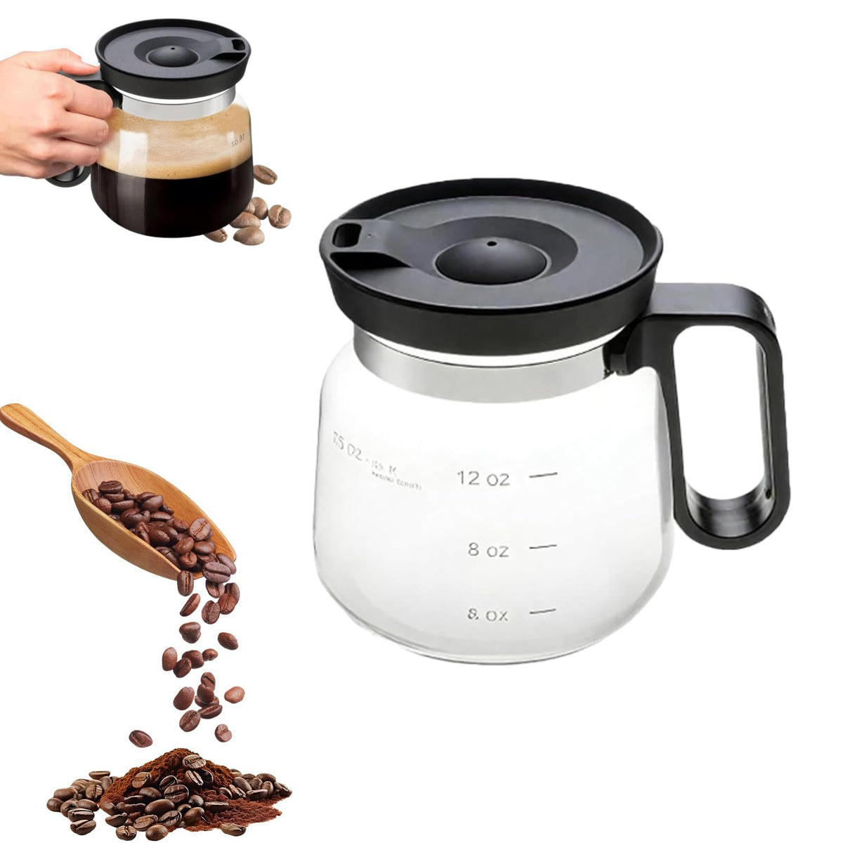 Slow Mill glass coffee server, 16 oz carafe with black lid and handle