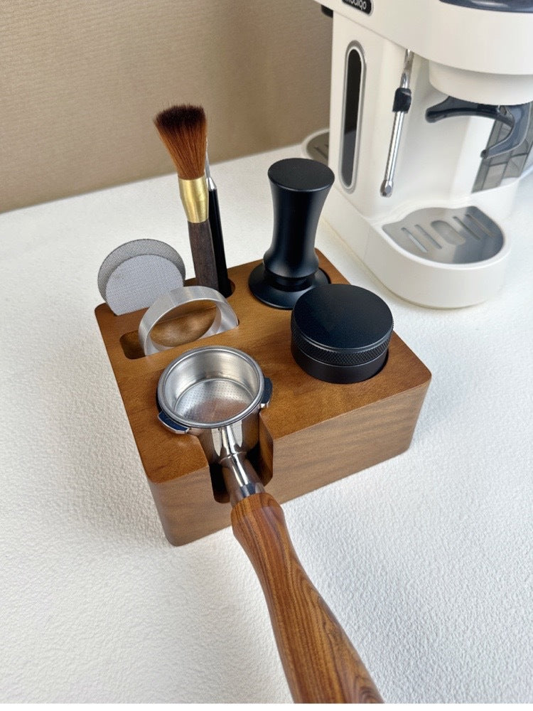 58mm solid wood espresso tamping station shown in a home coffee setup