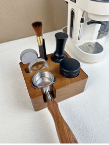 58mm solid wood espresso tamping station shown in a home coffee setup
