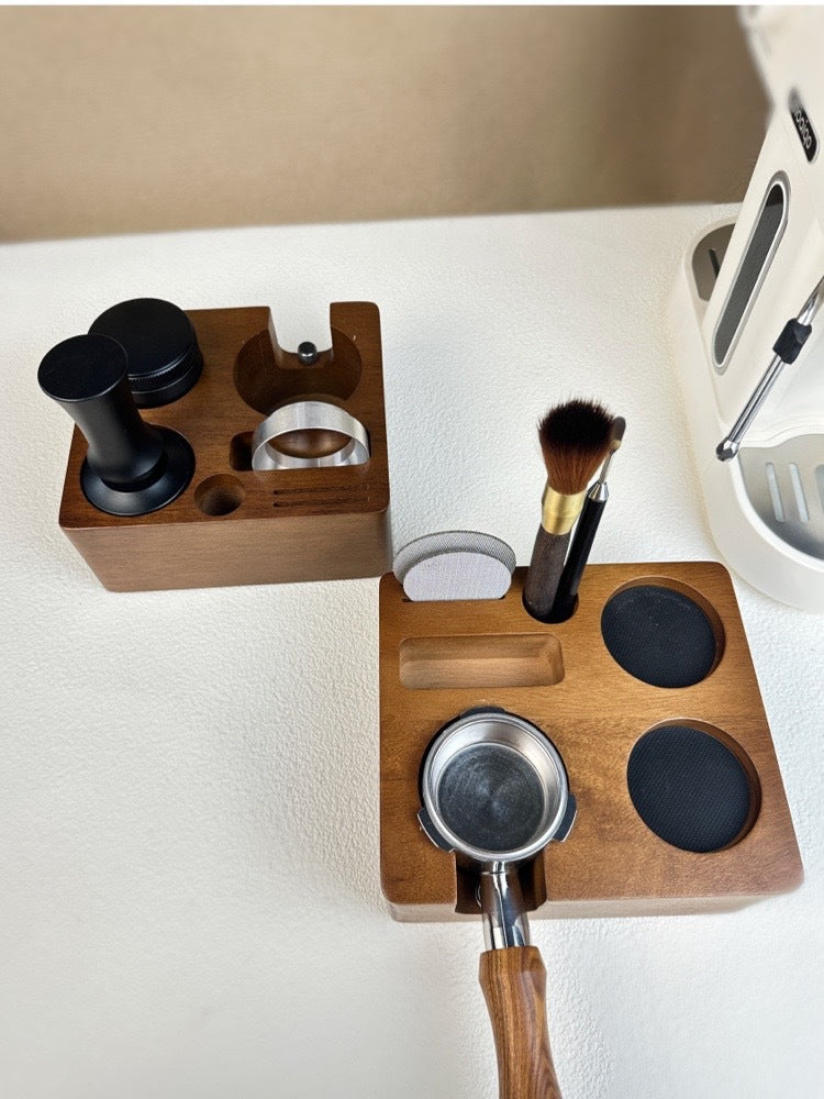 Top view of a 58mm solid wood espresso tamping station