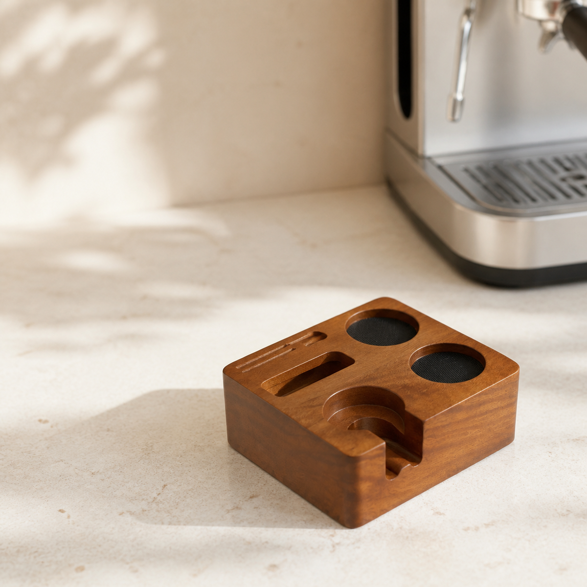 58 mm solid wood espresso tamping station on a calm home coffee counter